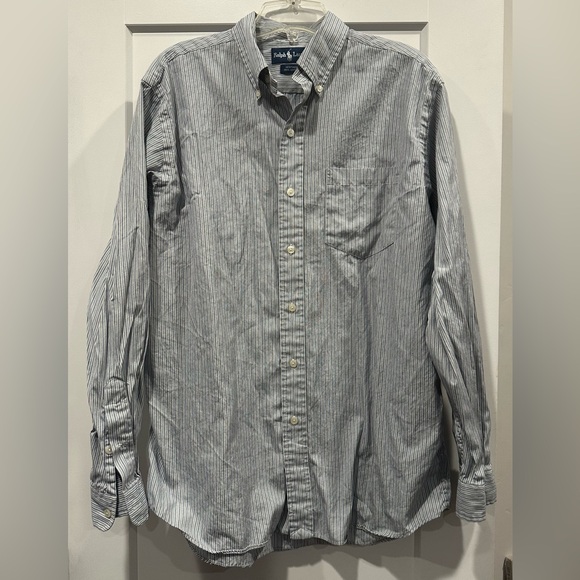 Vintage Polo by Ralph Lauren Button-Down Blue, Gray, & White Pinstripe Shirt - Picture 1 of 6